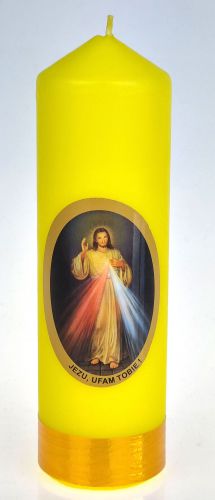 Świeca z naklejką - Jezus Miłosierny 16 x 5 cm.