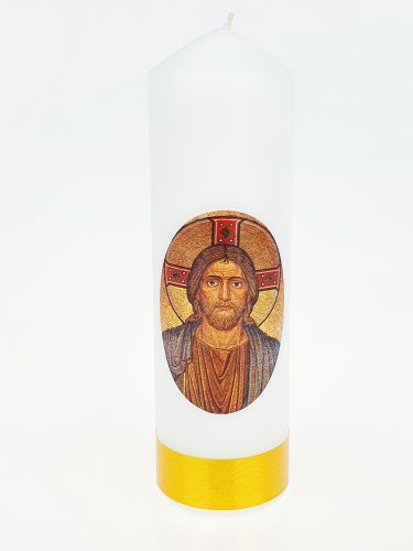 Świeca z naklejką - Chrystus Pantokrator 16 x 5 cm.