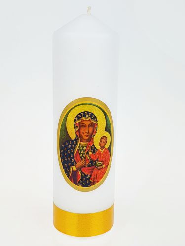 Świeca z naklejką - Matka Boża Częstochowska 16 x 5 cm.