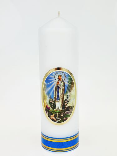 Świeca z naklejką - Matka Boża z Lourdes 16 x 5 cm.